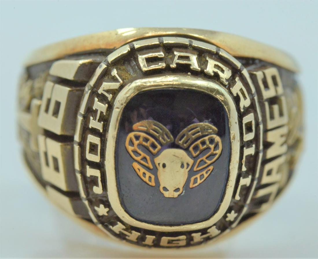 John Carroll Class Ring: 10K yellow gold with black enamel John Carroll class ring. 1991 "james" size 12.75". 17.8 grams.