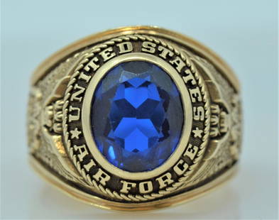 United States Air Force Class Ring: 14K yellow gold United States Air Force ring with 2CT sapphire. Size 10.5 and weighs 16.0 grams.