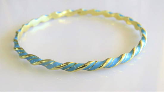 Antique 18K Yellow Gold Bangle Bracelet: Antique 18K Yellow Gold Channel Bangle Twisted Style Bracelet hallmarked "tiffany" and "18k" . Light blue enamel. 18.9 grams. 2.5" diameter.