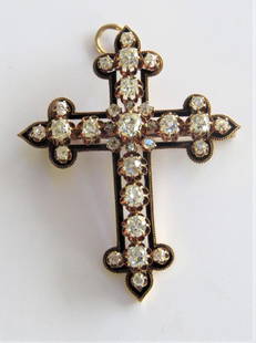 Important Victorian 18k and Diamond Cross: 18k yellow gold antique victorian cross pendant/brooch with hinged bail. This pendant is set with apx 3.86cts tdw in VS1-VS2 clarity, G-H color old mine cut diamonds. A black enamel trim outlines the