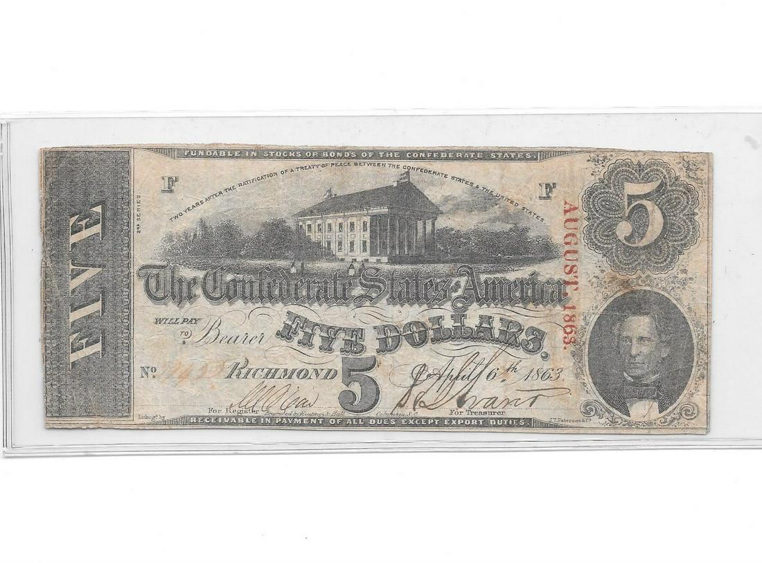 1863 Series 2 $5.00 CSA Confederate Note (1 of 2)