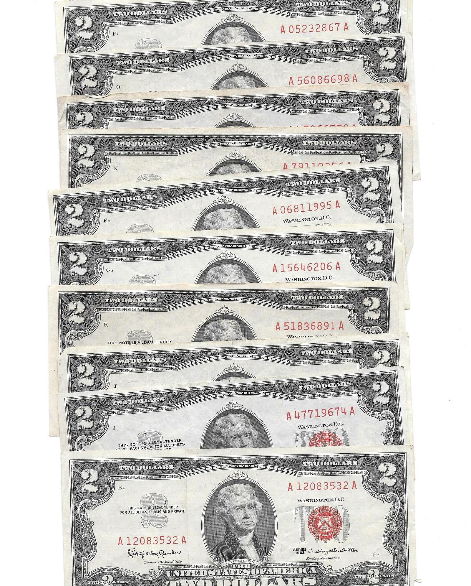 1953-63 Red Seal Two $2 Notes 10 Pieces Choice AU (1 of 2)