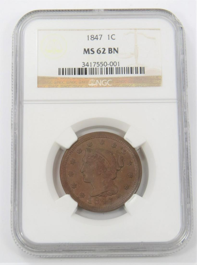 1847 Braided Hair Large Cent NGC MS62 (1 of 2)