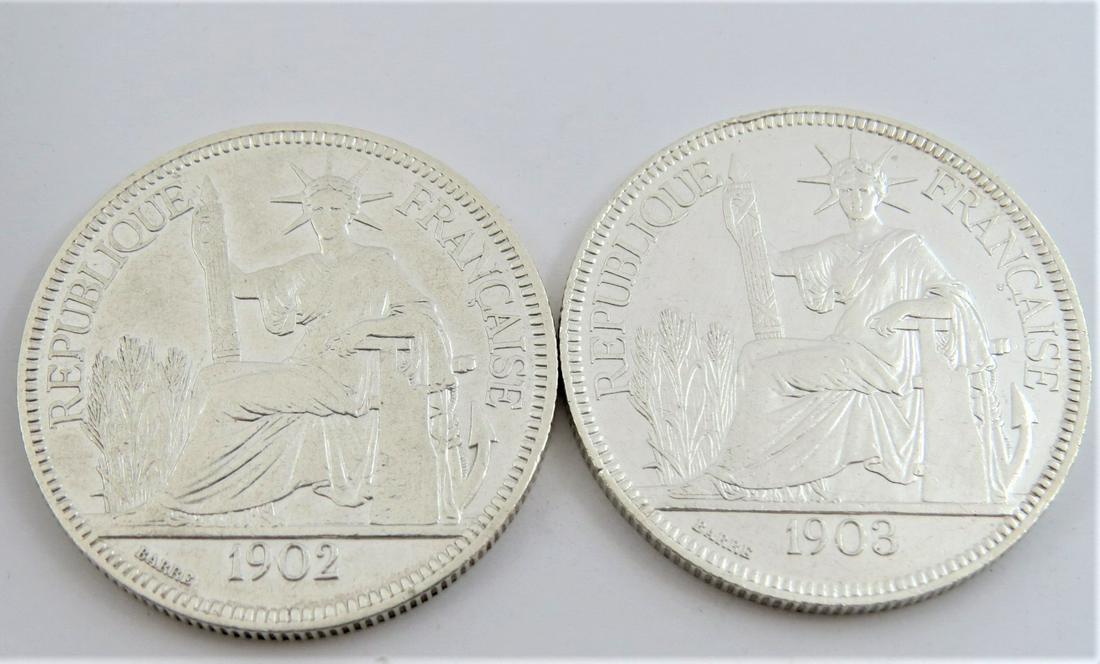 1902 & 1903 French Indo-China Crowns: 1902 & 1903 French Indo-China Crowns. Two 2ct nice km# Sa.1 27gms .900 silver France colonial coins, which have mostly been melted.