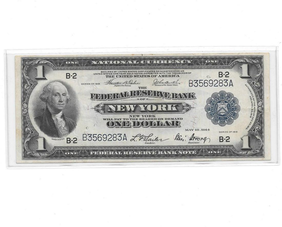 1918 National Currency $1.00 FRBN NY XF: A very nice XF 1918 National Currency $1.00 FRBN of NY Note/ Crisp and well centered.
