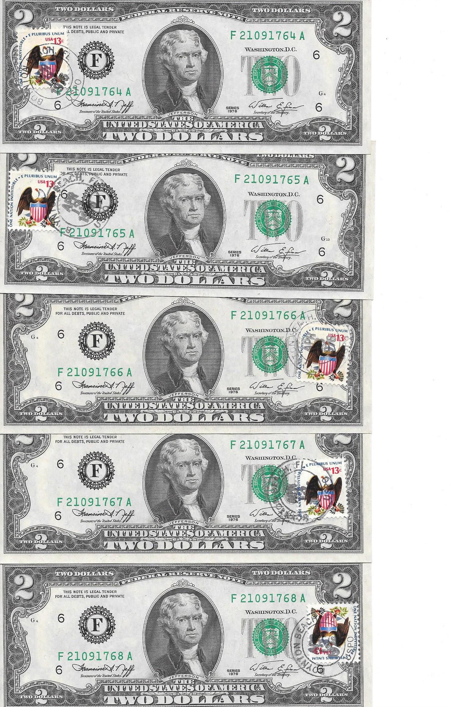 5 Consecutive 1976 Bicentennial FDI $2.00 Notes (1 of 2)