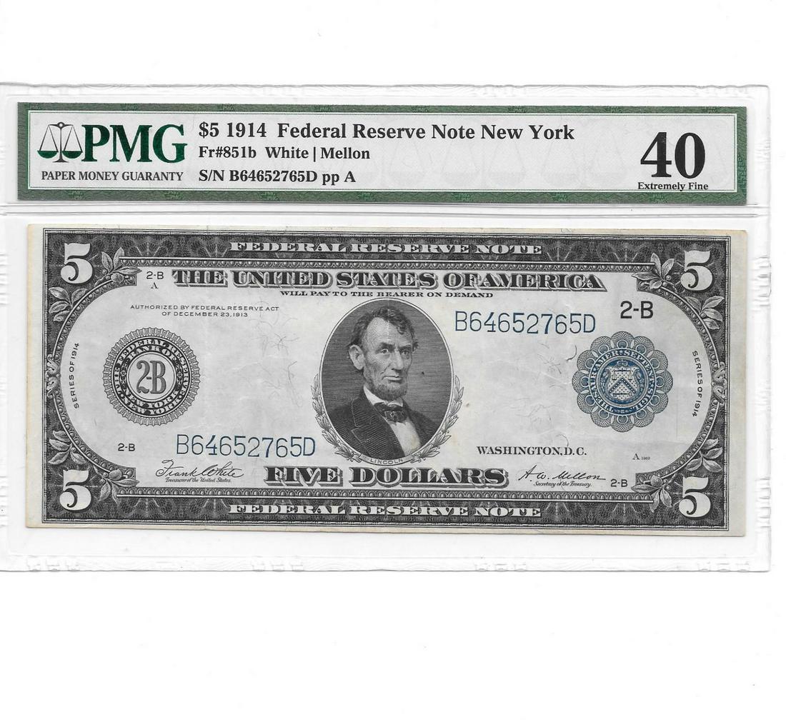 1914 $5 Federal Reserve Note PMG XF: 1914 $5 Federal Reserve Note PMG XF and looks much nicer.