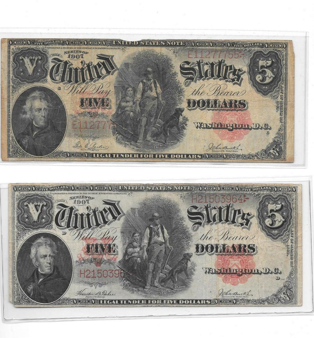 Two 1907 $5.00 United States Notes (Wood-chopper) (1 of 2)
