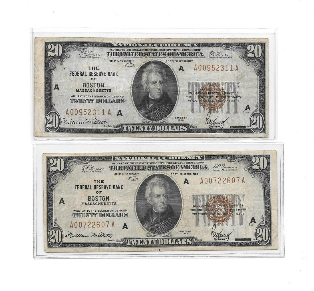 Two (2ct) 1929 $20.00 National Currency Boston MA (1 of 2)