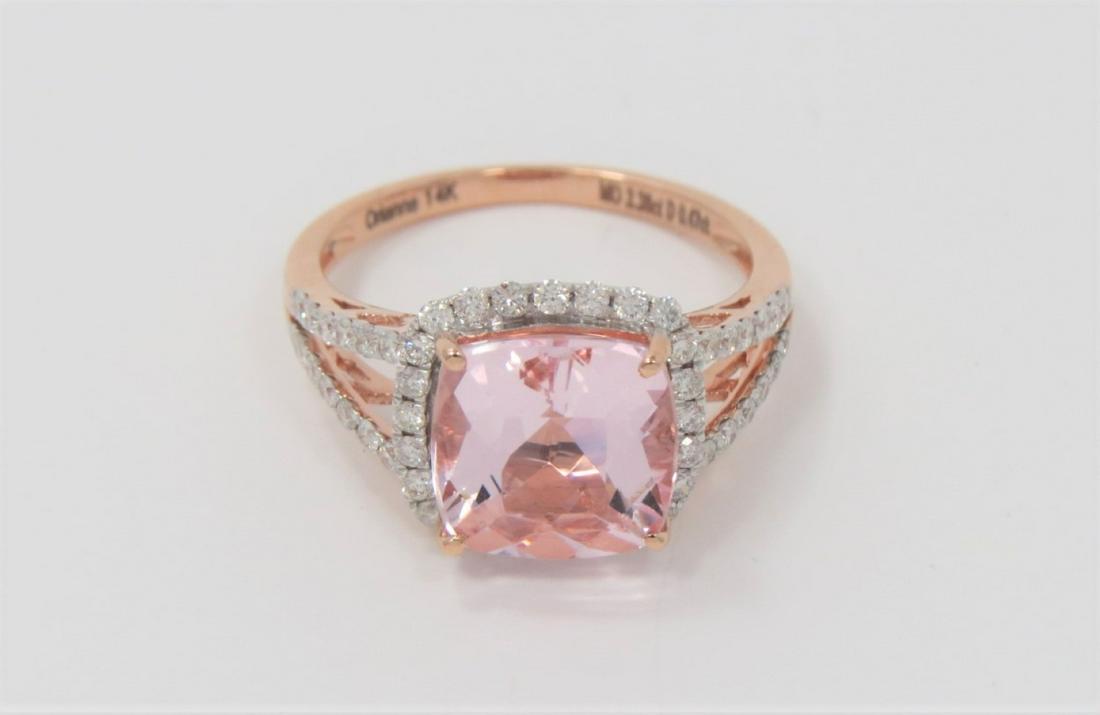 Certified and Appraised Rose Gold & Morganite Ring: Certified and appraised for $5,490! Beautiful designer 14K rose gold, Morganite and diamond ring. One cushion cut natural 3.38 ct morganite mounted in center with approximately 0.47 ct is round brilli