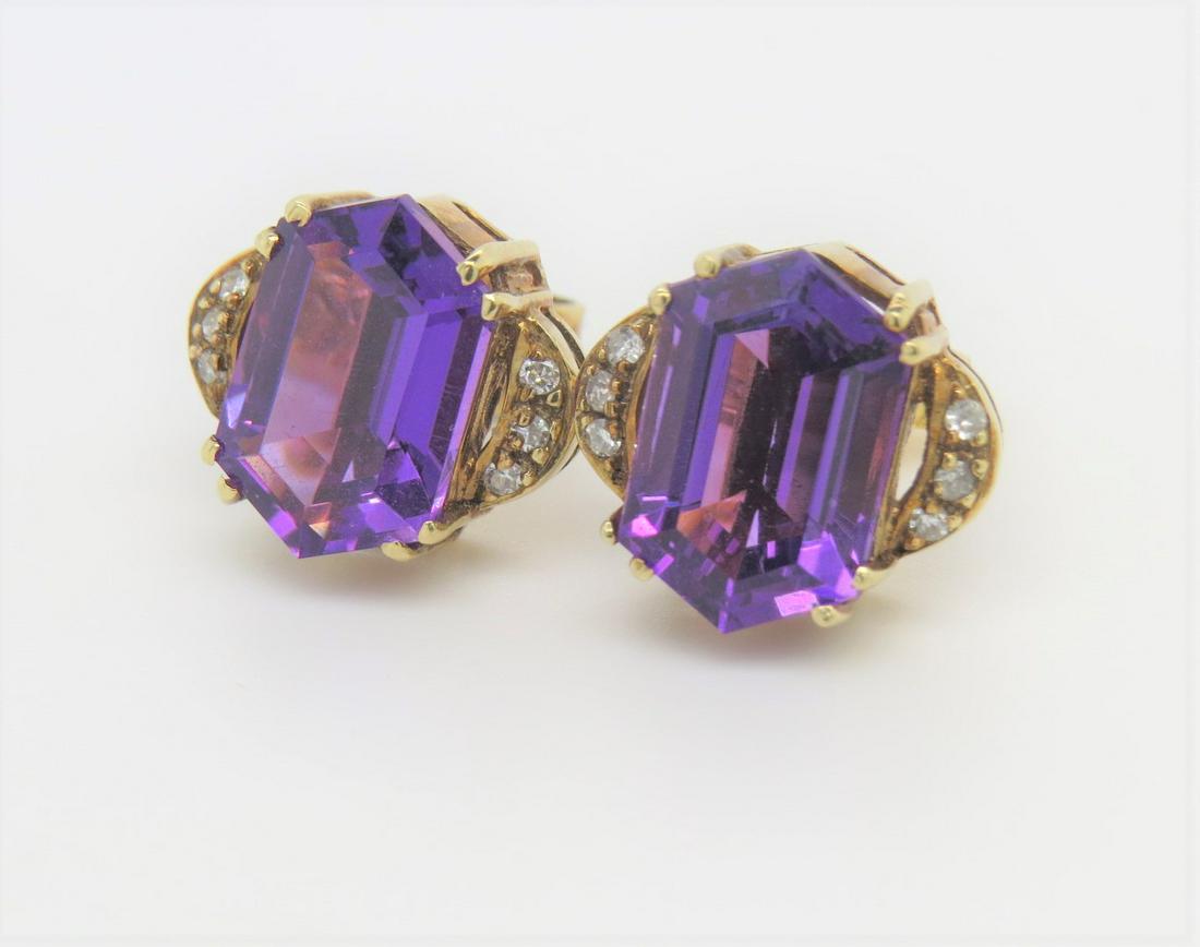 14K Yellow Gold Amethyst and Diamond Earrings: Stamped 14K yellow gold amethyst and diamond ring. Hexagon shaped featured amethysts have a combined weight of 5.8 cts! Approximately 0.06 cts in diamonds. Earrings measure 11 mm x 7 mm. Push backs. T