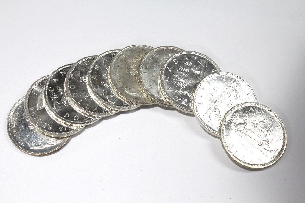 Bu Roll of 10 1960'S Canada Silver Dollars: A Bu Roll of 10 1960'S Canada .800 Silver Voyager Dollars. Unchecked for varieties and all nice coins.