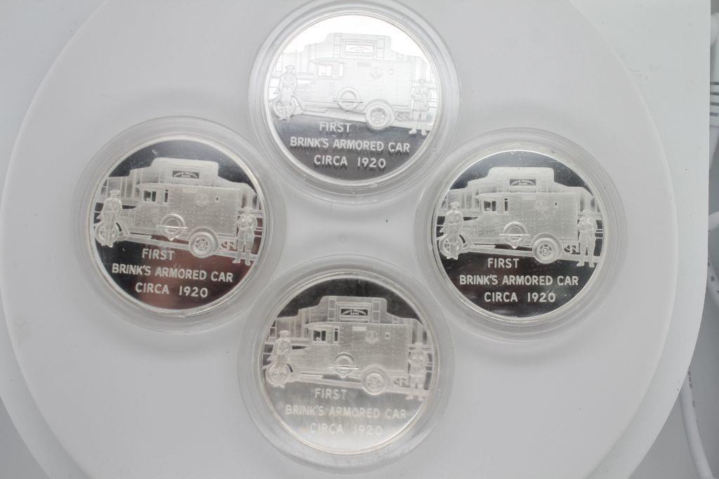 4 Count 1oz .999 Silver Brinks First Armored Car: A group of four (4ct.) 1 oz .999 Fine Silver Round Brinks First Armored Car in Original Capsules. Very collectible.