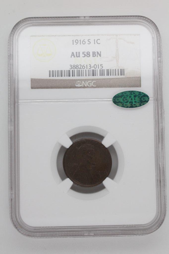 1916-S Lincoln Cent NGC/CAC AU58 BN: A 1916-S Lincoln Cent NGC/CAC AU58 BN, A super nice coins and a tough semi-key date to find this nice.