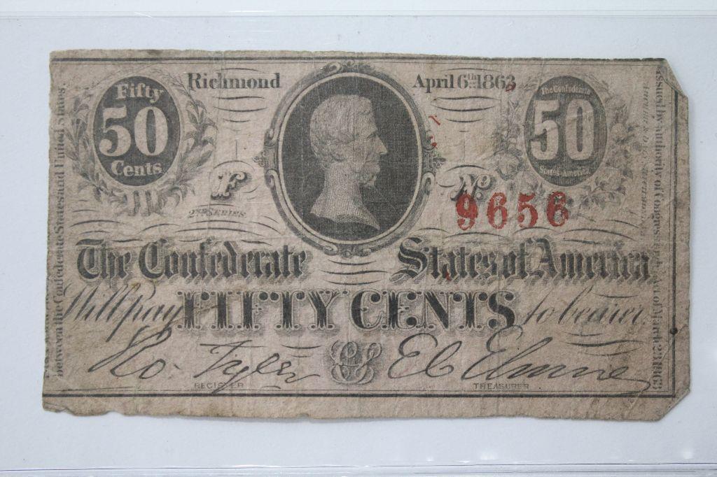 1863 2nd Series CSA 50C Note VF: A 1863 2nd Series Confederate States of America 50C Note in VF condition. A nice example for any collection.