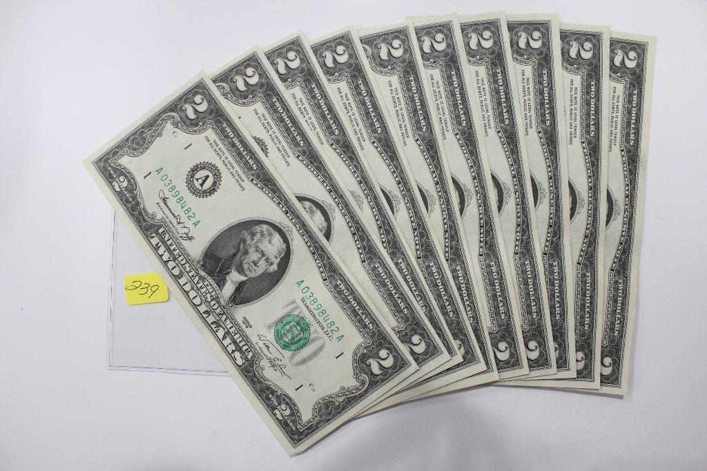 Lot of 10 UNC Two Dollar Bills Some Consecutive: All notes are Nice and Uncirculated. There is one consecutive group of notes, one pair of sequential serial numbers and one sinlge UNC note.