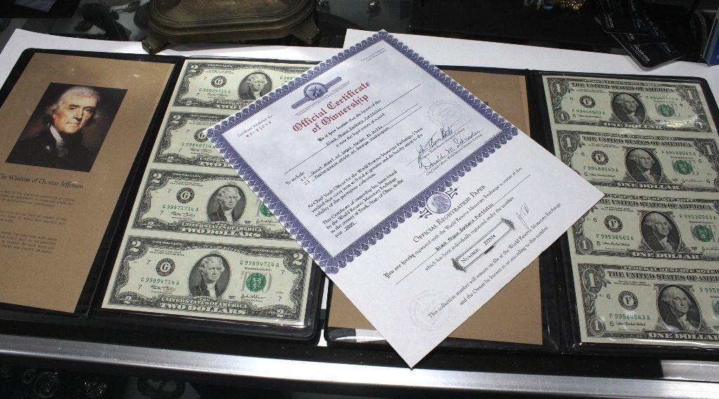 2 Uncut Sheets of Four $1 and $2 FRN Notes: 2 Uncut Sheets of Four Each, $1 and $2 FRN Notes. As issued by the World Reserve these items are issued in a leatherette binder, with COA. Make great gifts!