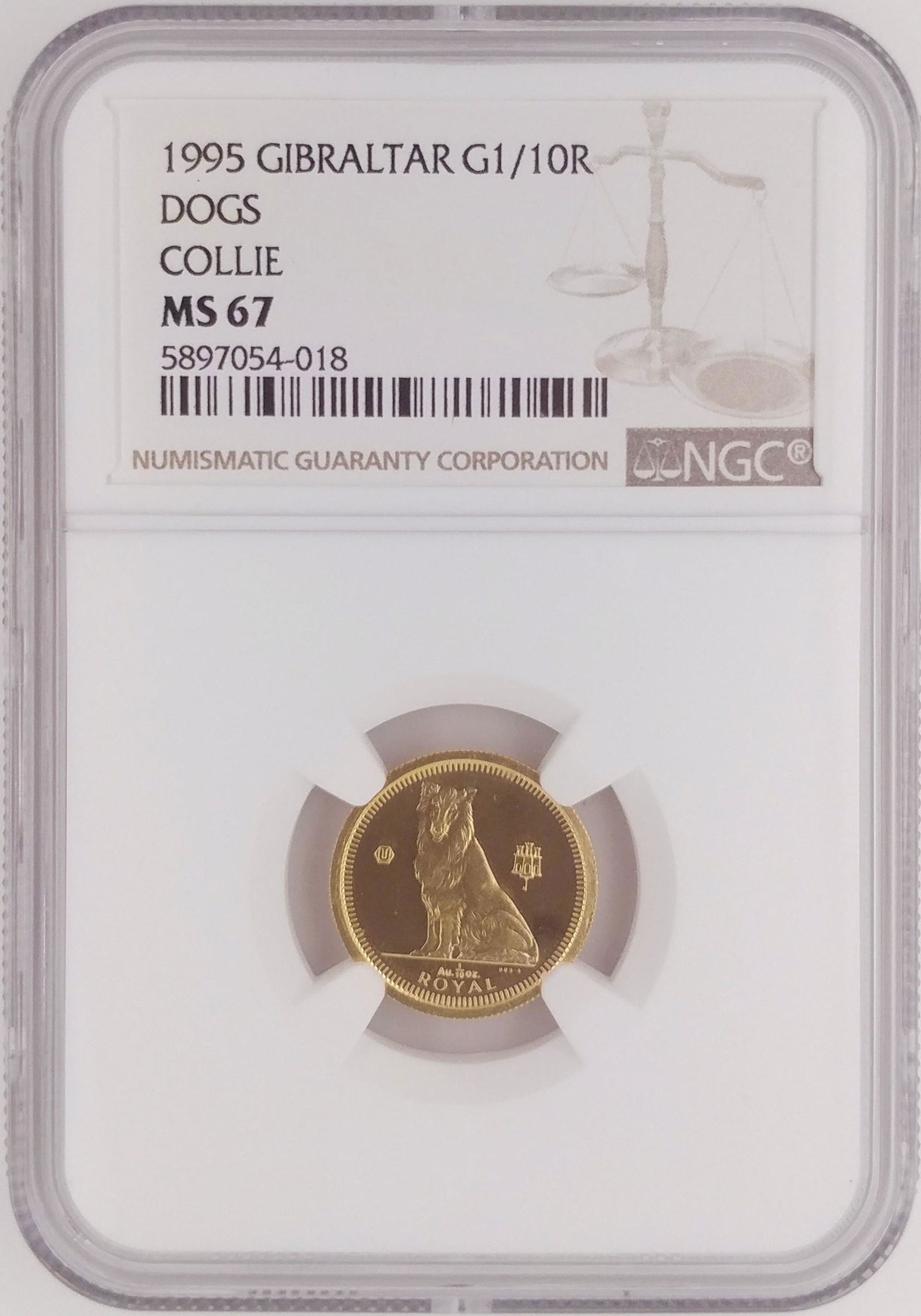 1995 Gibraltar 1/10 Royal Gold Collie Dog NGC MS67 (1 of 2)
