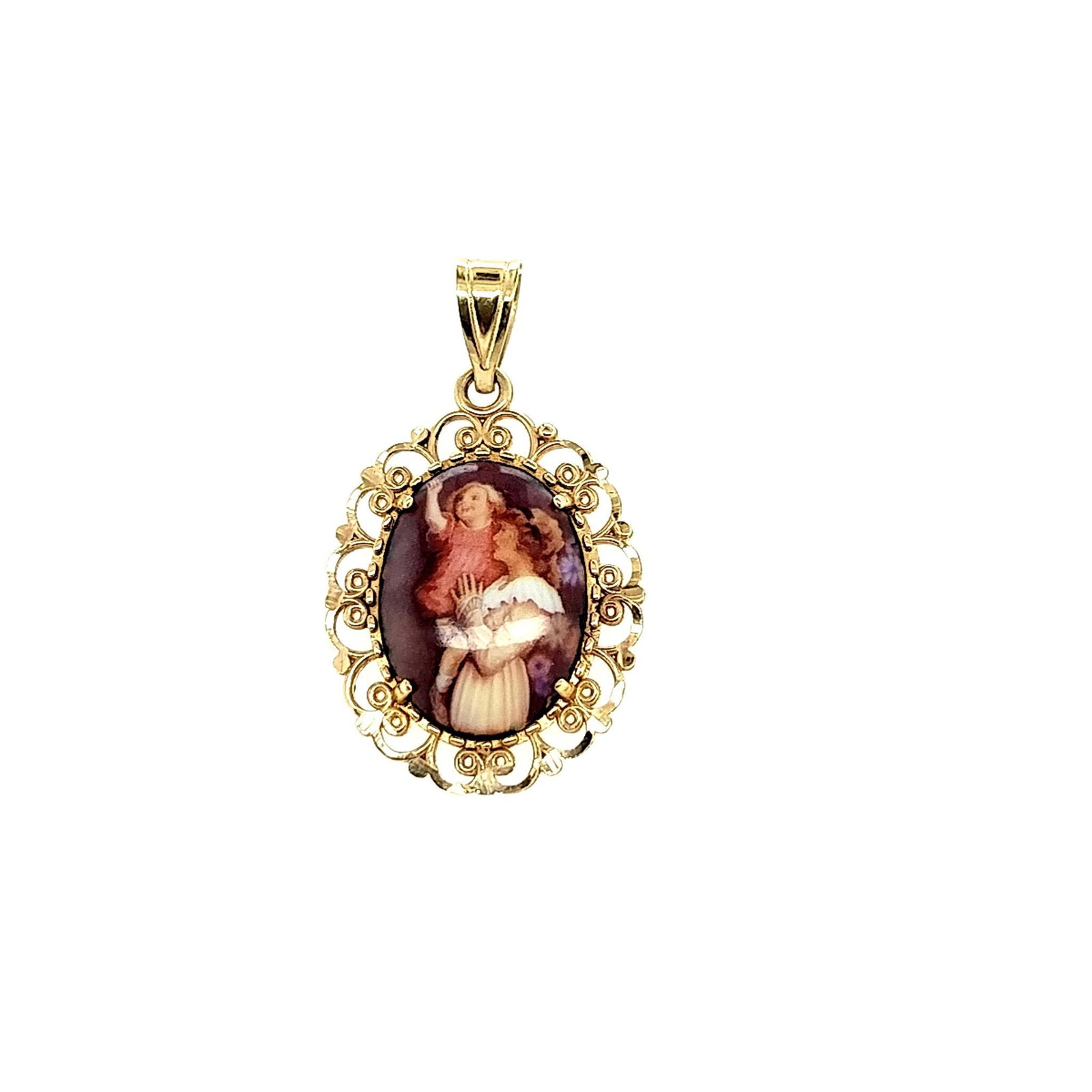 14K Yellow Gold Enamel "I Love You" Pendant: Stamped Michael Anthony 14K Yellow Gold Enamel Mother and Child pendant with filigree border and "I Love You" in reticulated 14K gold letters on the back. The pendant is about 1 1/4" long by 3/4" wide