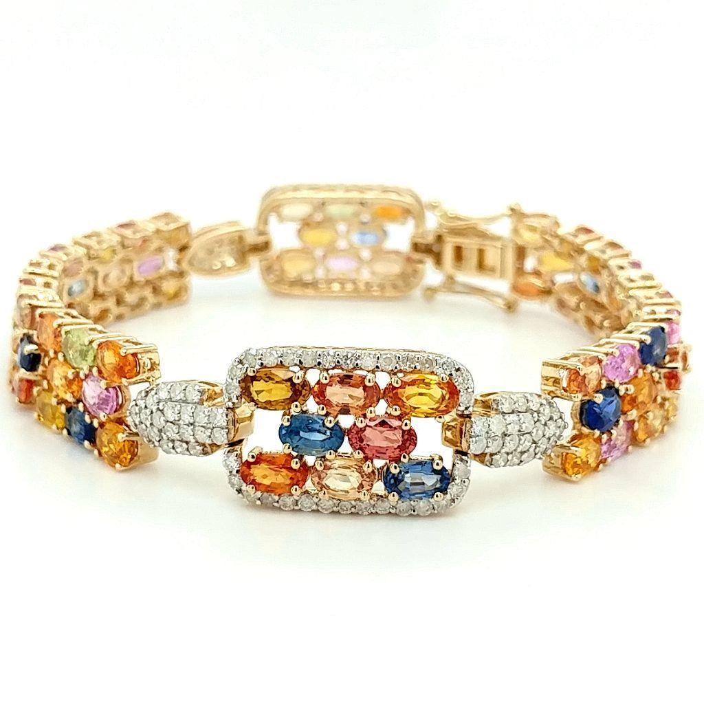 Certified 14K Colorful Sapphire & Diamond Bracelet: Certified and appraised 14K yellow gold, multi-color sapphire and diamond bracelet. 74 genuine faceted sapphires weighing approximately 21.7 cts! 144 genuine round diamonds weighing approximately 1.49