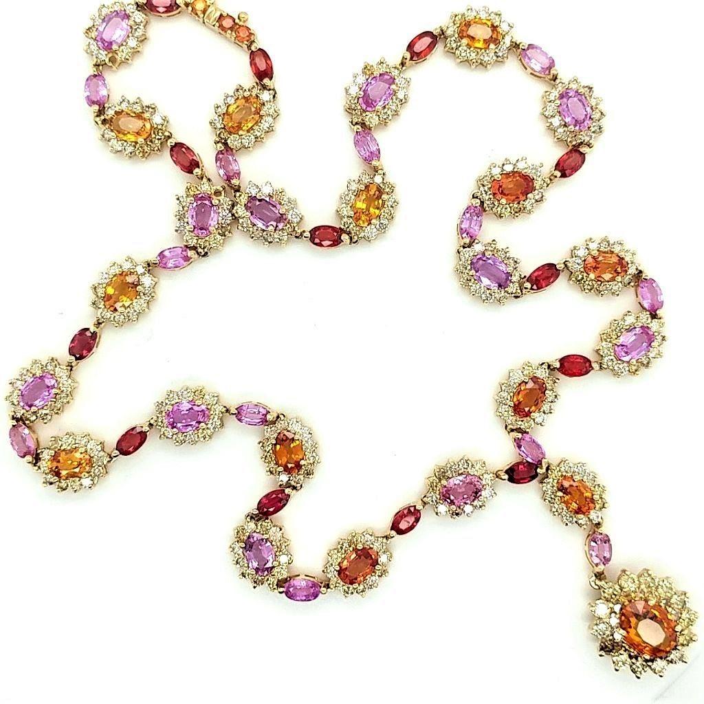 Certified 18K YG Multi-Colored Sapphire Necklace: Certified and appraised gorgeous, custom-made 23.95ctw genuine, multi-colored sapphire lavalier necklace, surrounded by 9.21ctw round, brilliant-cut J, SI1/2 diamonds. The smaller oval and marquise sa