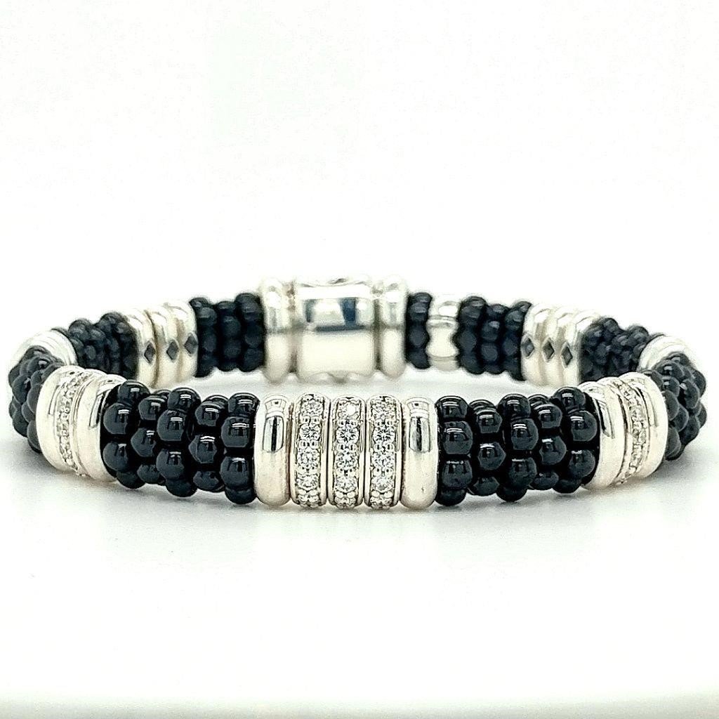 Lagos Black Caviar 3 Link Diamond Bracelet: Black Caviar diamond link bracelet by LAGOS. Made of polished sterling silver and black ceramic and set with white diamond pavÃ© links. This bracelet has alternating links and Caviar beading. It con
