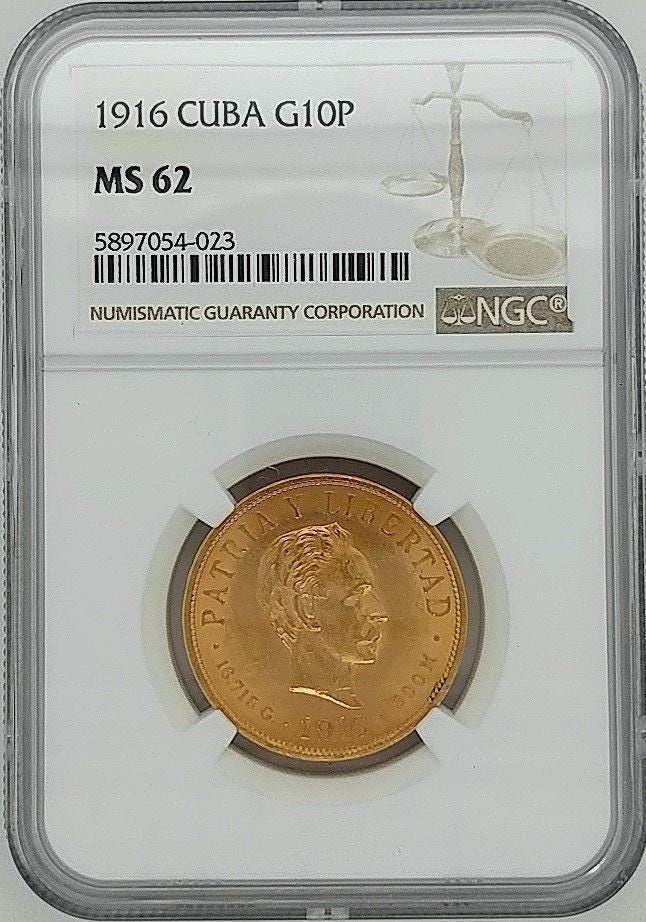 1916 Cuba 10 Peso Gold NGC MS62: A 1916 Cuba 10 Peso Gold NGC graded MS62. Under-graded as such this is a rare issue and very tough to find. NICE!