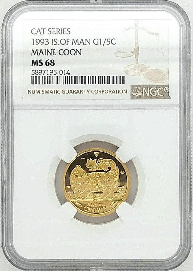 1993 Isle of Man 1/5 OZ.Maine Coon Cat NGC MS68: A Gold 1993 Isle of Man 1/5 OZ Maine Coon Cat NGC MS68. Looks perfect!