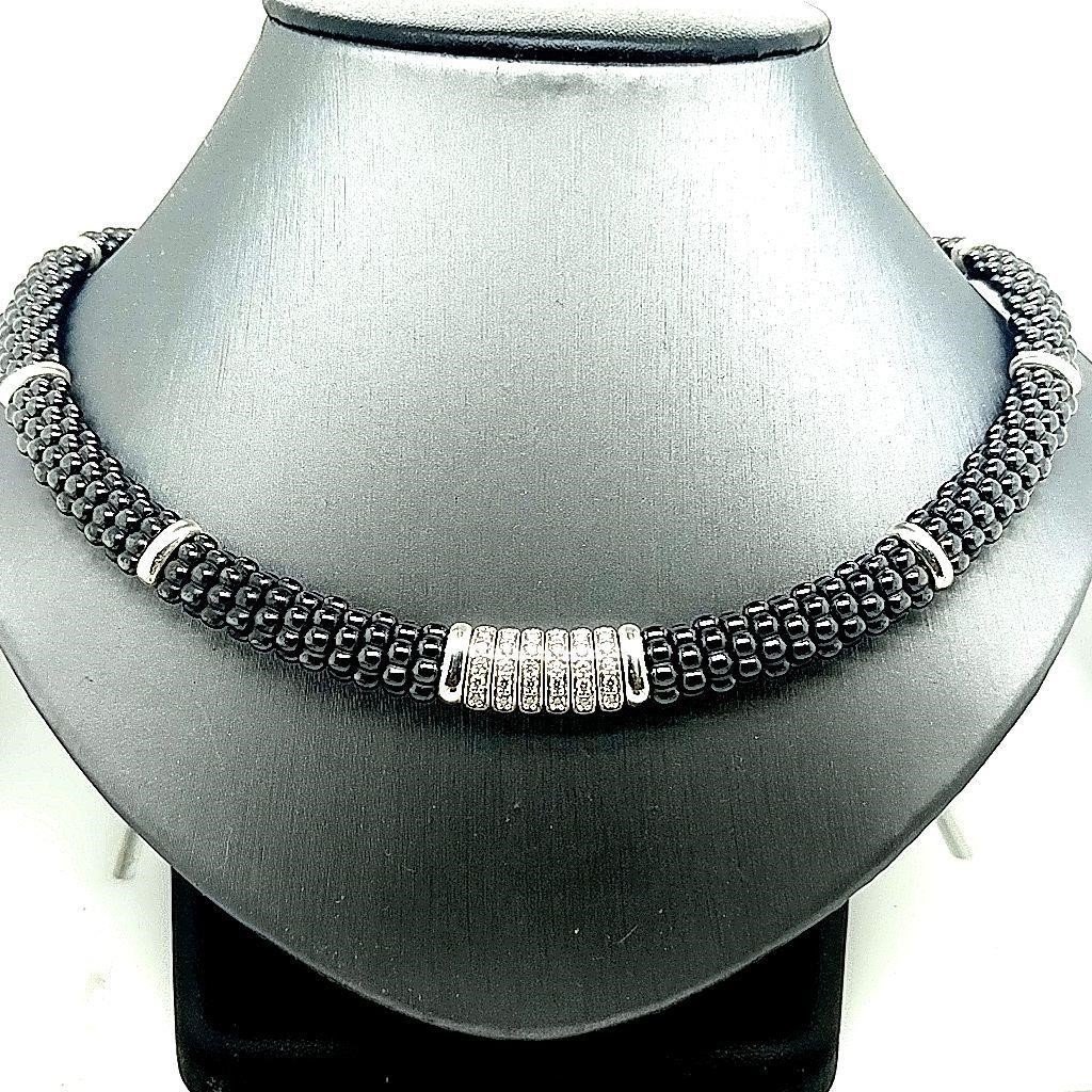 Lagos Black Caviar Diamond Necklace: This Lagos Black Caviar diamond necklace has six diamond stations accented by black ceramic Caviar beading on this necklace with nine highly polished sterling silver details. It is finished with a sig
