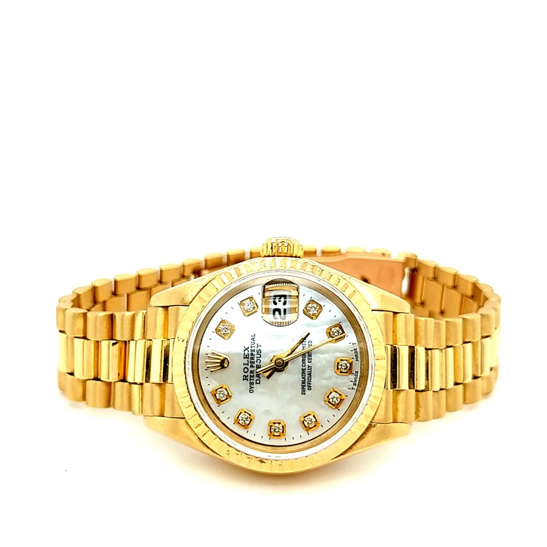 18K Lds Datejust Rolex Wristwatch MOP Dial: This is a ladies' 18K yellow gold Oyster Perpetual Datejust wristwatch with a Mother of Pearl and Diamond dial. The case is 26mm and it has an approximate 13mm lug width with 7" bracelet and deploymen