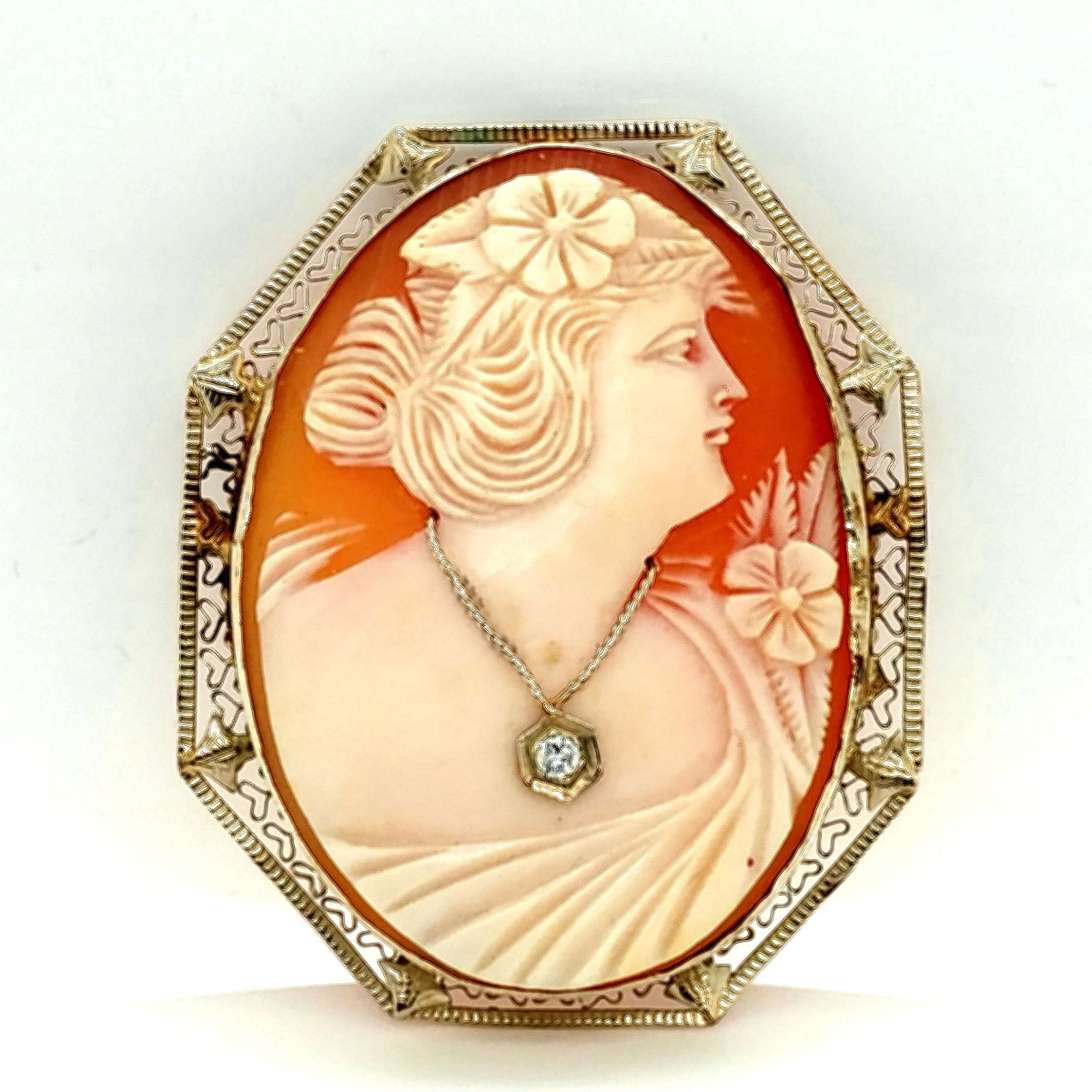14K Vintage Cameo Brooch/Pendant with Diamond (1 of 4)