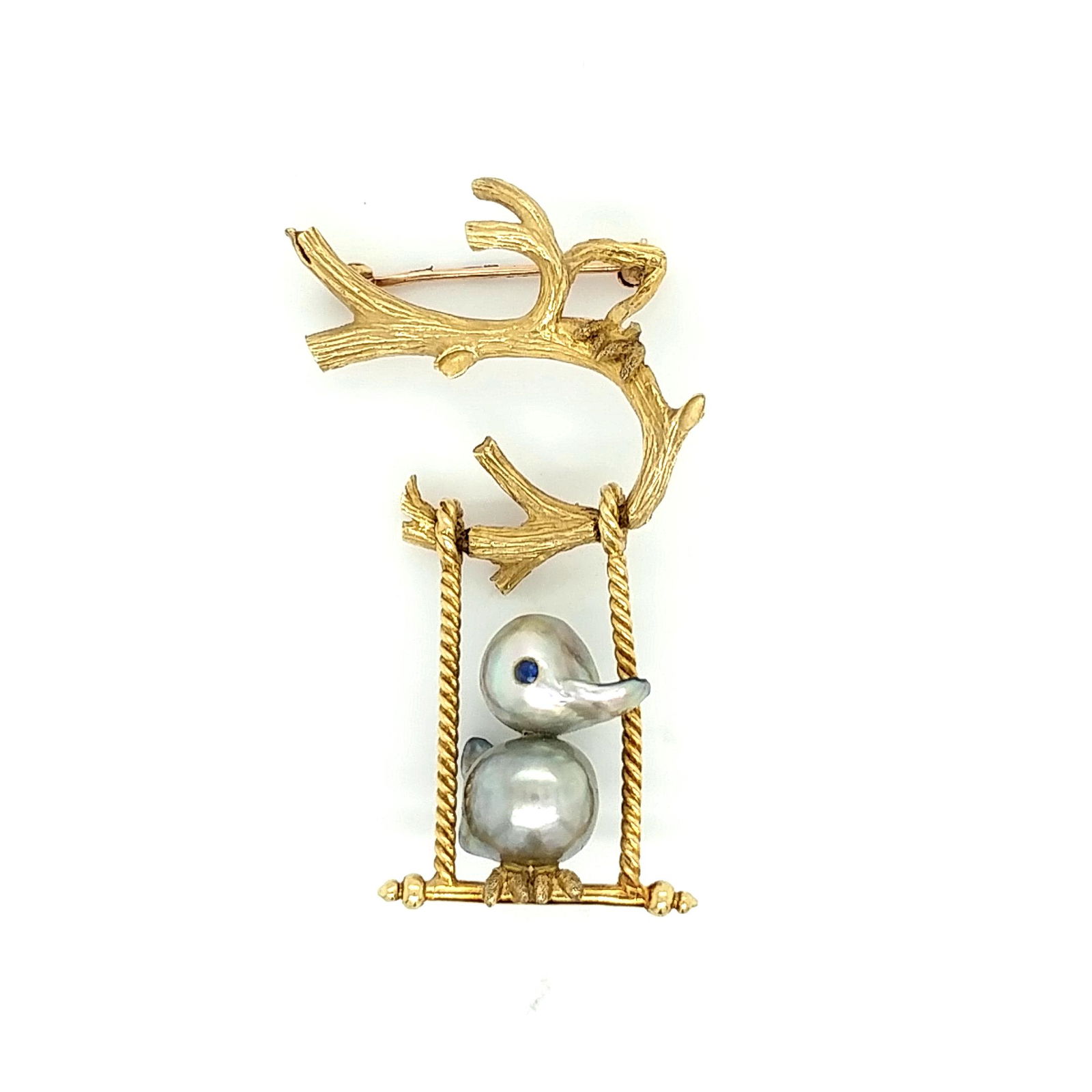 Signed 18K YG Pearl Bird on Swing Brooch (1 of 5)