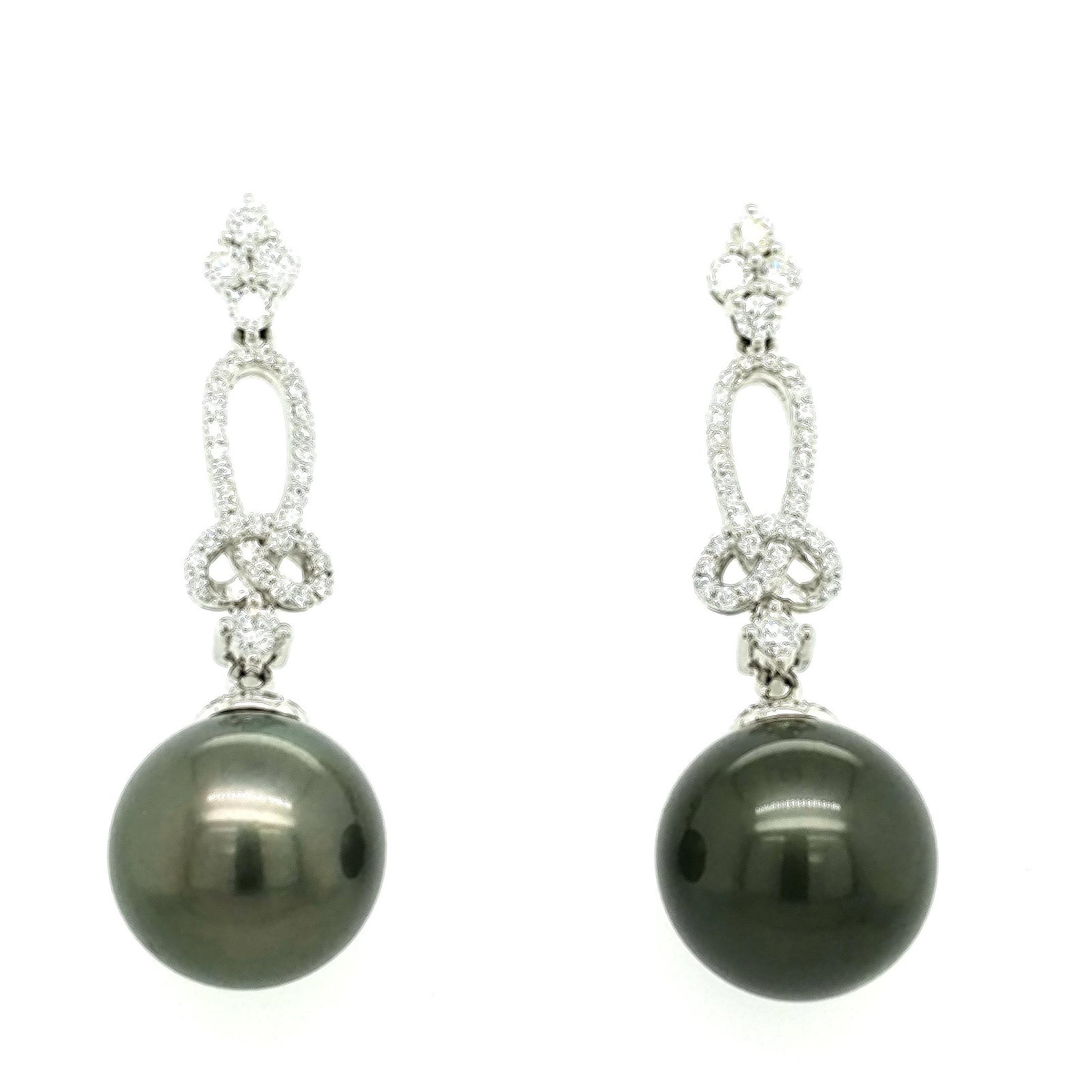 Certified Platinum Tahitain Pearl & Dia Earrings: This is a pair of certifed and appraised platinum Tahitian Pearl and diamond earrings. The earrings are mounted with 2 - 12mm, genuine cultured Tahitian Pearls that dangle from .95 carats of round, br