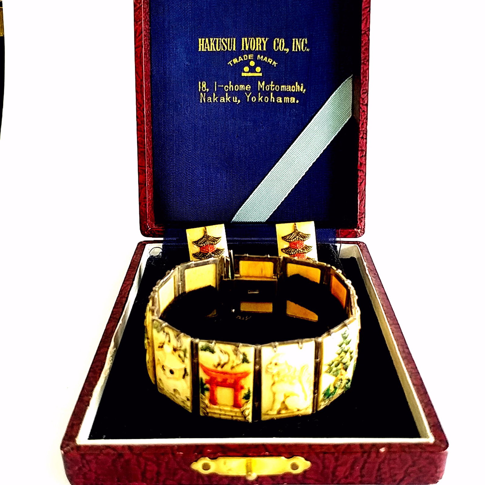 Hakusui Ivory Company Bracelet & Earring Set: This is a vintage Hakusui Ivory Co, Inc. antique bone carved and enameled silver story panel bracelet. Corca 1950's. The bracelet is approximately 7" and is approximately 1" wide and has a clasp with 