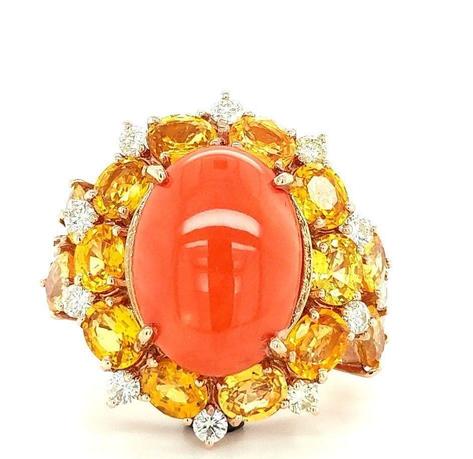 Certified 14K YG Coral, Yellow Sapphire & Dia Ring (1 of 5)