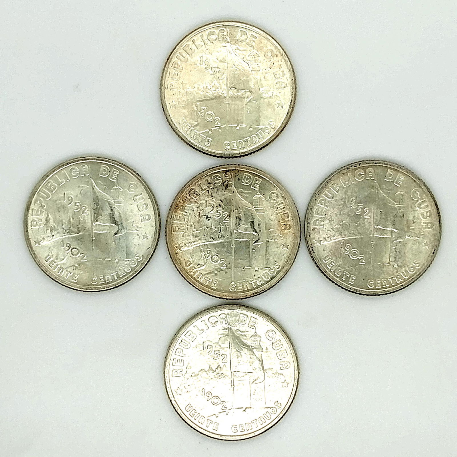 Five (5ct) Unc. Silver 1949 Cuba 20 Centavos (1 of 2)