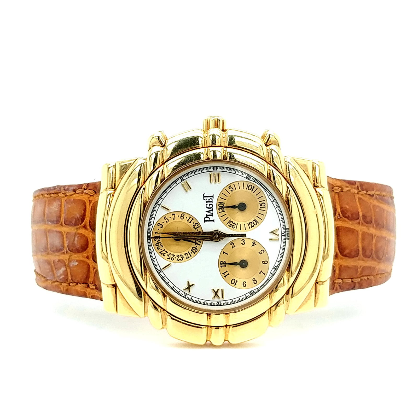 18K Yellow Gold Piaget Haute Complication Watch: This is an 18 karat yellow gold Piaget Haute Complications chronograph wristwatch with the original brown leather band that is embossed "Genuine Louisiana Farm Alligator - Hand made in Italy". The cas
