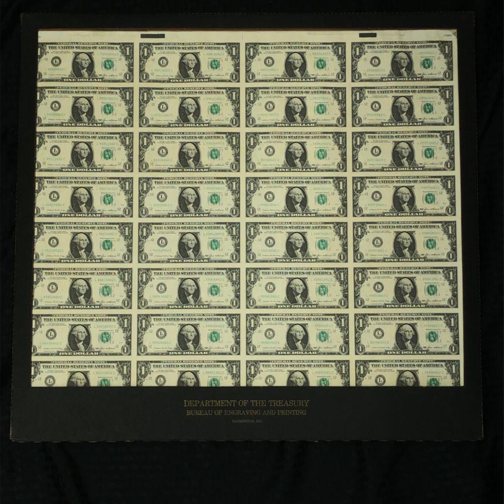 1985 FRN Sheet of 32 Uncut US One Dollar Bills $1 (1 of 3)