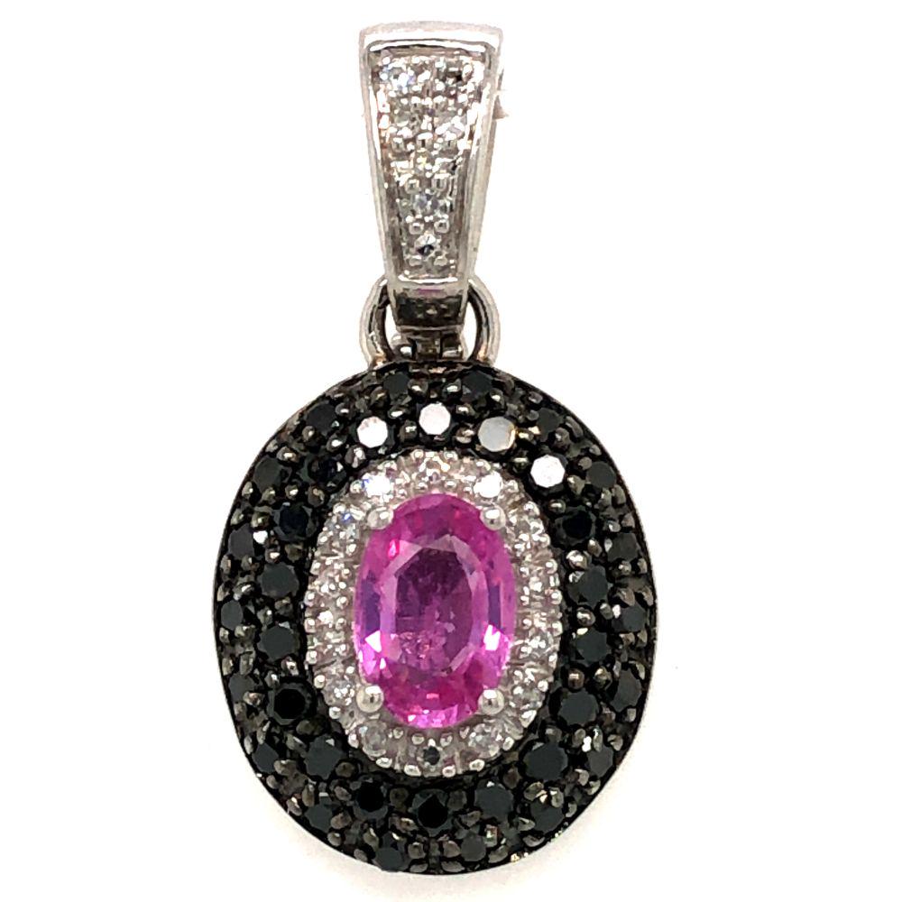 14K Pink Sapphire Black & White Diamond Pendant: This is a 14 karat white gold pink sapphire and black and white diamond pendant. The approximate 6 mm x 4 mm oval, faceted pink sapphire is surrounded by a halo of white faceted diamonds and a d