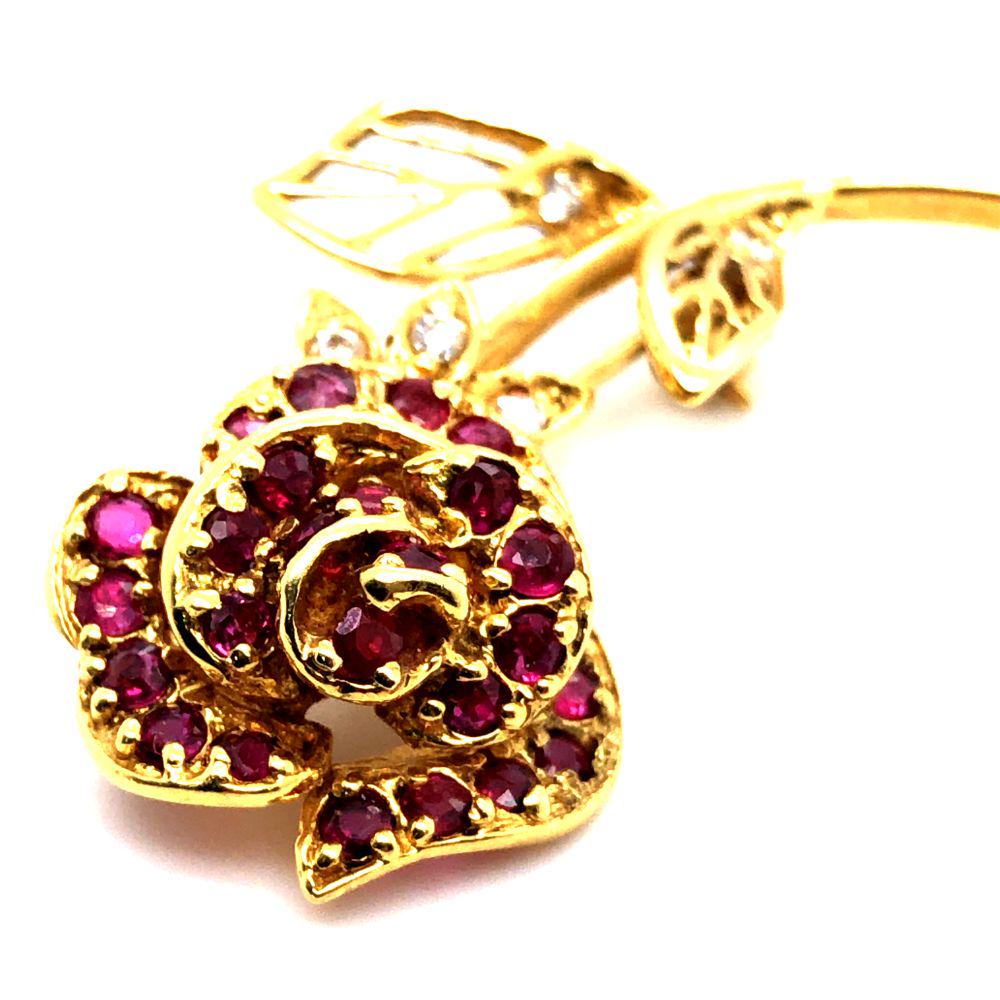 Faberge 18K Yellow Gold Ruby & Diamond Rose Brooch: This is a 1960's 18 karat yellow gold Faberge ruby and diamond Royal Rose brooch, issued by the Franklin Mint for the house of Igor Carl Faberge. this exquisite rose is set with approximately .5