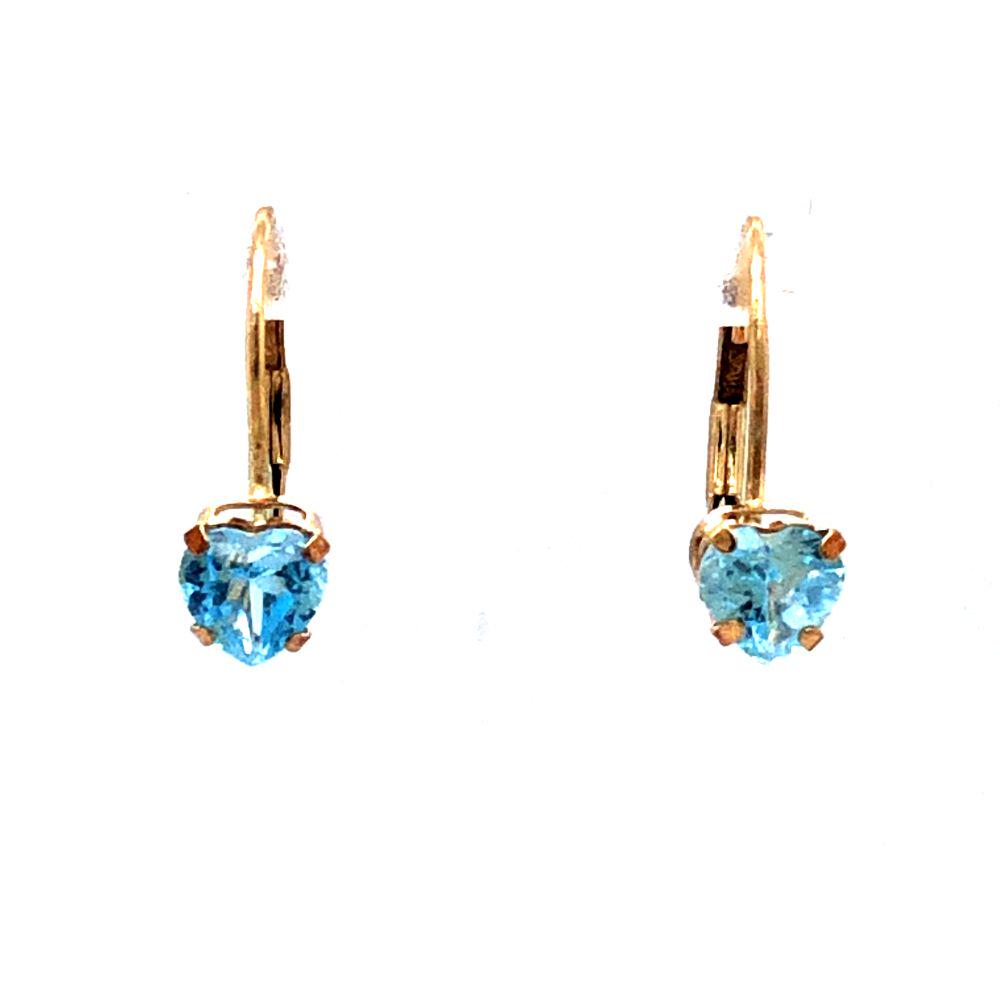 Heart-Shaped Blue Topaz Earrings 10K: This is a pair of 10 karat yellow gold blue topaz earrings. The earrings feature approximate 5 mm heart-shaped blue topaz that are prong-set and attach to the ear with lever backs. The ear