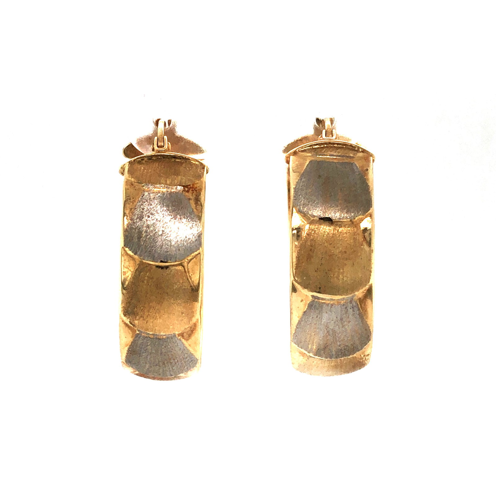 Wide Gold Hoop Earrings 14K Tri-Colored: This is a pair of 14 karat yellow, white, and pink gold hoop earrings. The earrings are approximately 1" in diameter and 8 mm wide. They weigh 3.7 grams (2.3dwt). The earrings have a satin finish and 