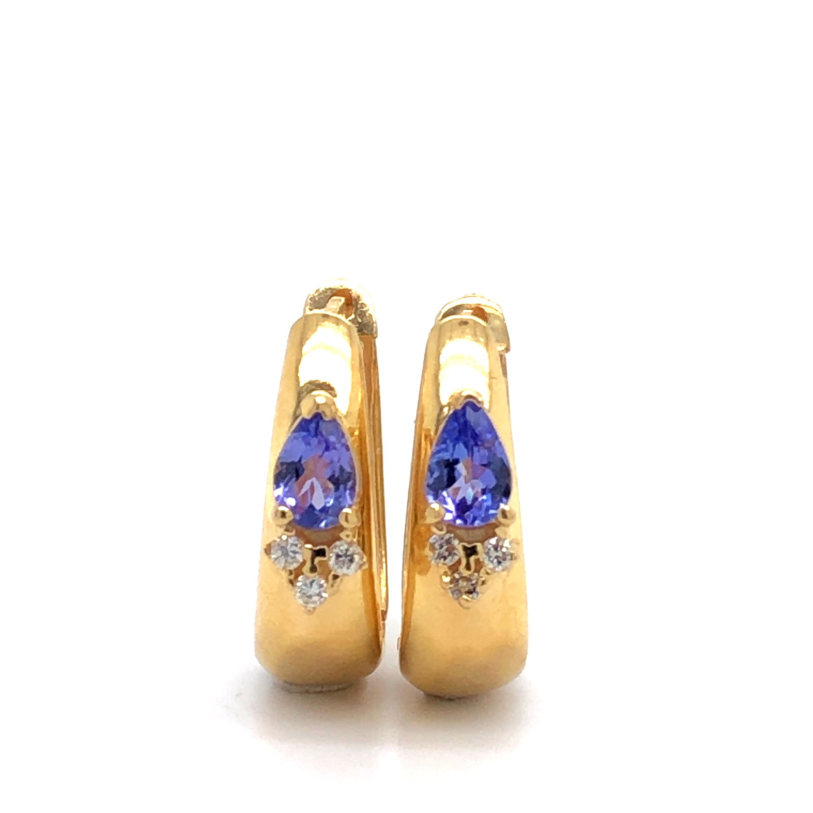 Tanzanite & Diamond Huggie Earrings 14K: This is a pair of 14 karat yellow gold genuine tanzanite and natural diamond earrings. There is approximately .50 carats of genuine pear-shaped tanzanites and .12 carats of round, brilliant-cut natura