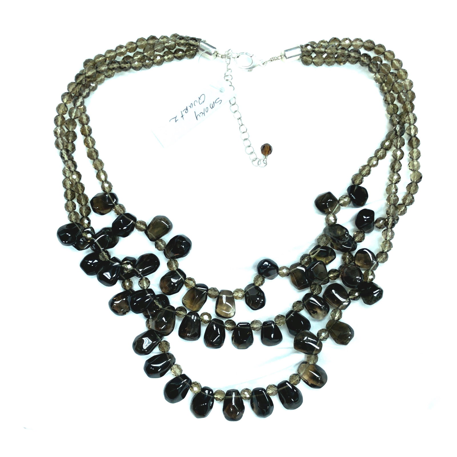 Navajo Multi Strand Smokey Quartz Necklace: Navajo hand strung multi strand graduated 728 ct AAA Gem stone smokey Quartz Necklace sterling silver clasp and cones 16" 3 " extender OAL 24"
