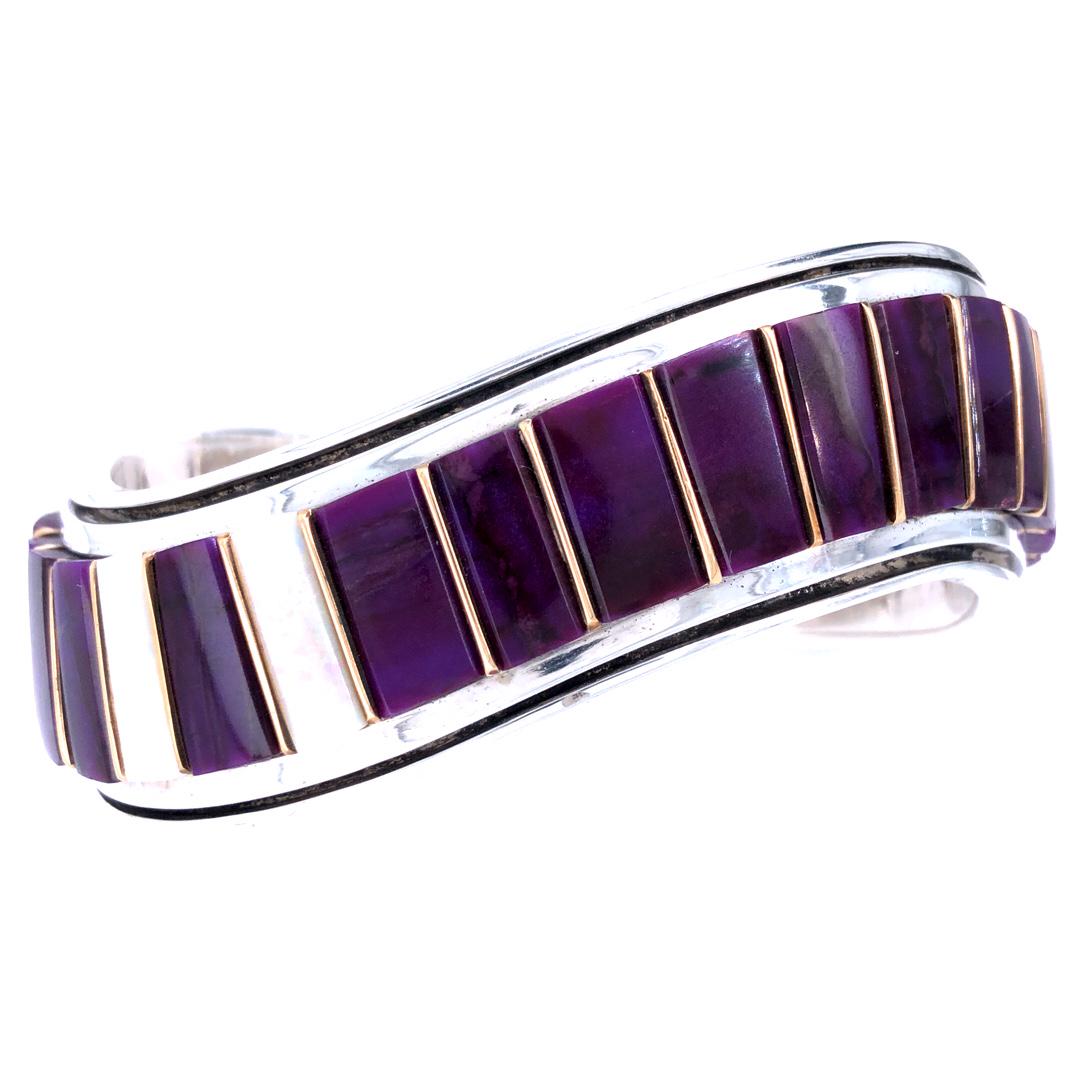 Rare Navajo Sugilite Opal Sterling Silver 14k Cuff: Rare Raymond Delgarito handmade on of a kind "commissioned" sugilite and Australian white opal sterling silver and 14kt gold wave cuff bracelet 5 3/4" inside 1 1/2" gap width 7/8 h 1/4" 23 Rare AAAA s