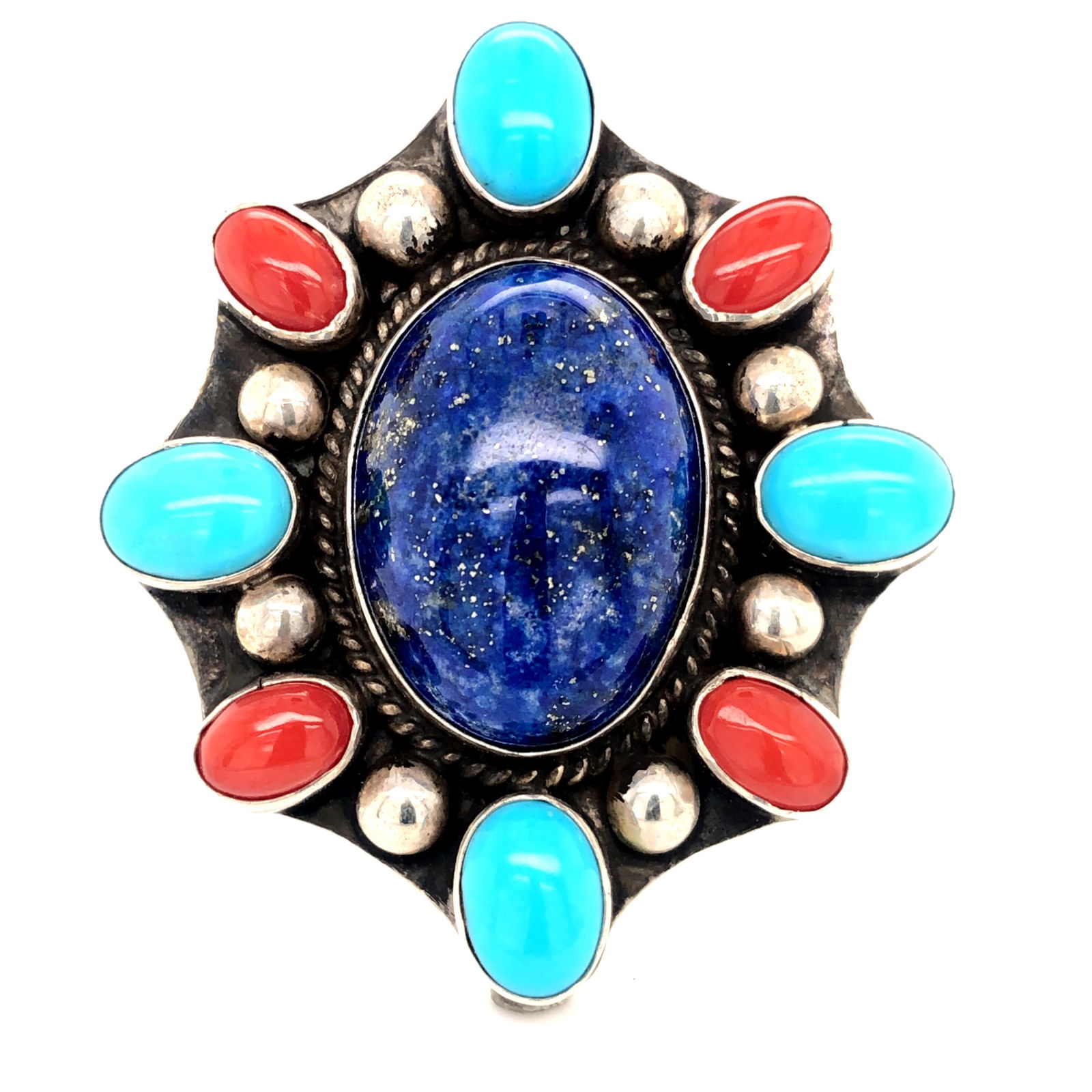 Navajo Sleeping Beauty Turquoise Lapis Coral Ring (1 of 2)