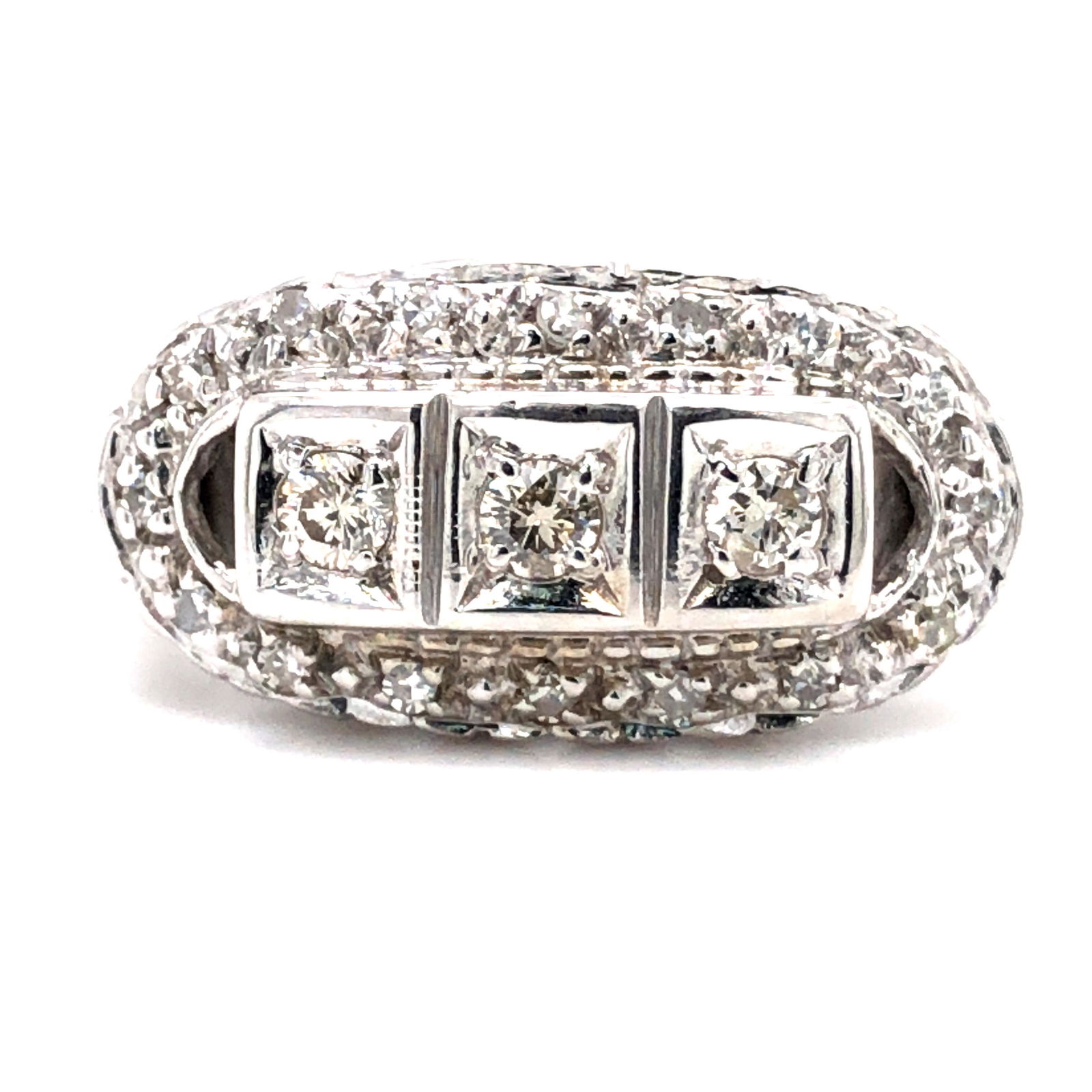 Diamond Ring Vintage White Gold: This is a stamped and electronically tested 14 karat white gold natural diamond ring. The center of the ring features three round, brilliant-cut diamonds and they are surrounded with a halo of round,