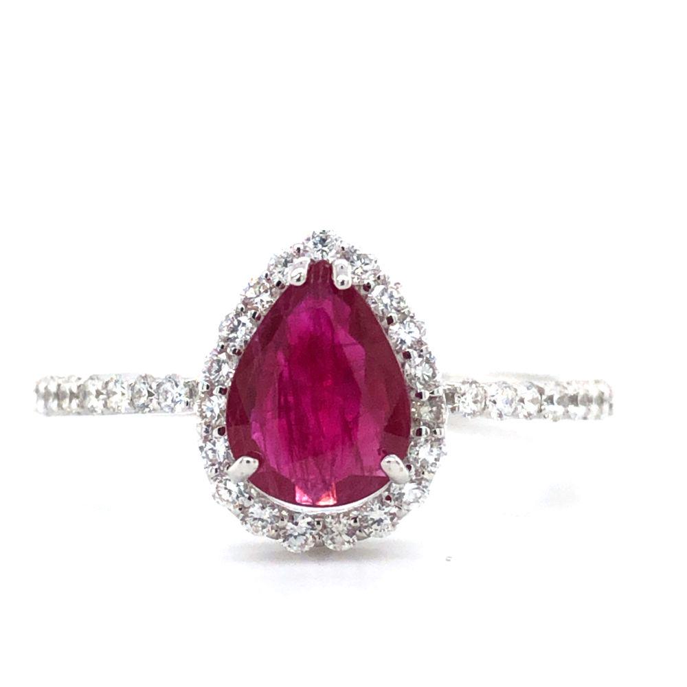 GIA Burmese Ruby and Diamond Ring: This is a certified and appraised 18 karat white gold GIA graded genuine ruby and natural diamond ring. The .81 carat, GIA graded pear-shaped Burmese (Myanmar) ruby is prong set in a white gold 