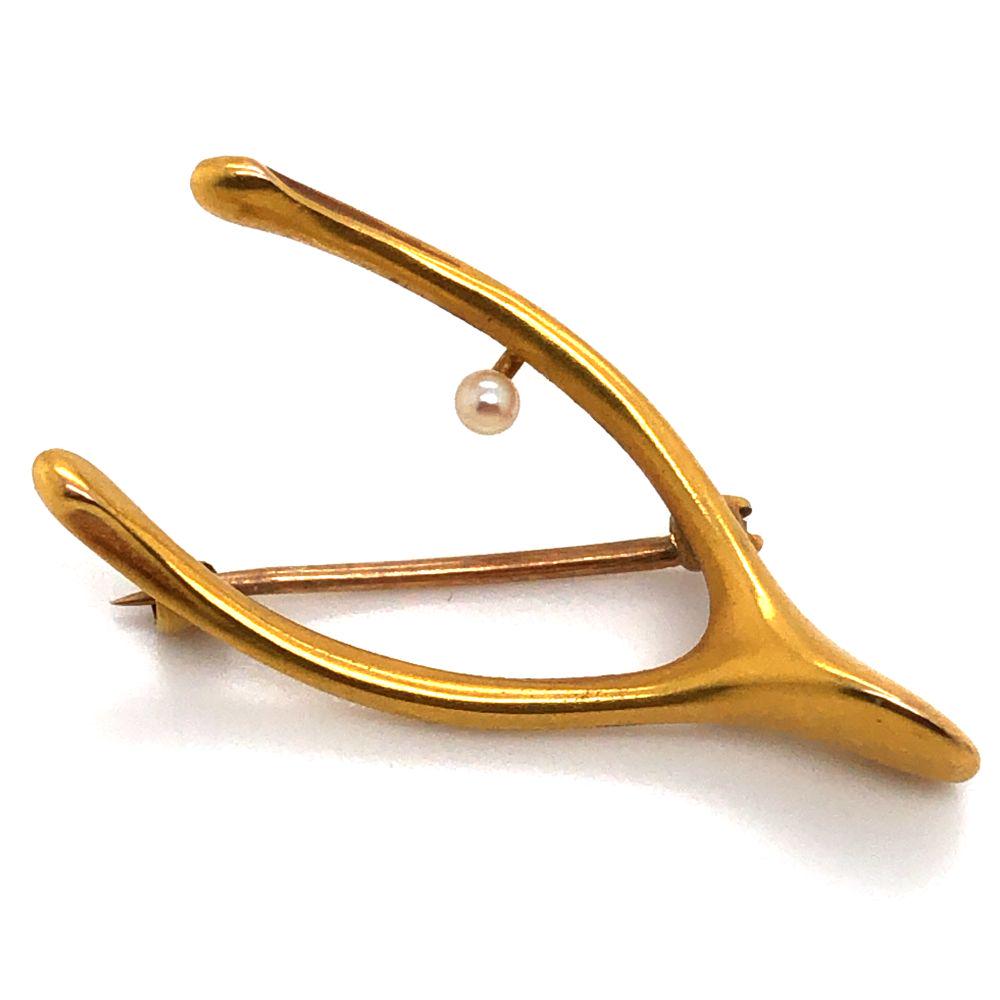 Pearl Wishbone Brooch 14K Yellow Gold (1 of 5)