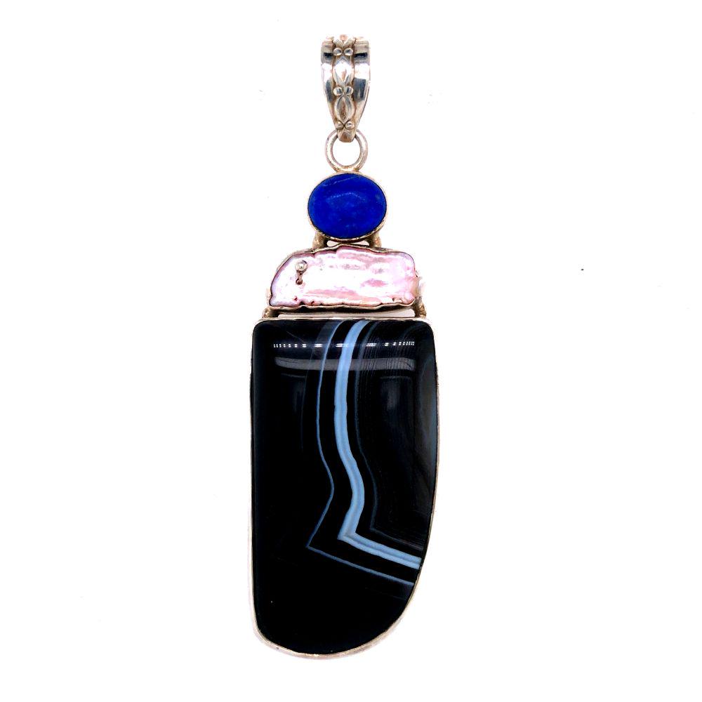 Navajo AAA Jasper, Lapis & Pearl Large Pendant: Navajo AAA Jasper, Lapis & Pearl Large Pendant Oal 3 1/8" x 1 " sterling silver